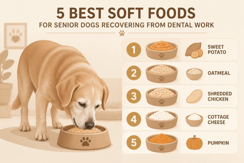 Senior dog eating soft food from a bowl, showing gentle eating posture with a calm, comfortable expression in home lighting