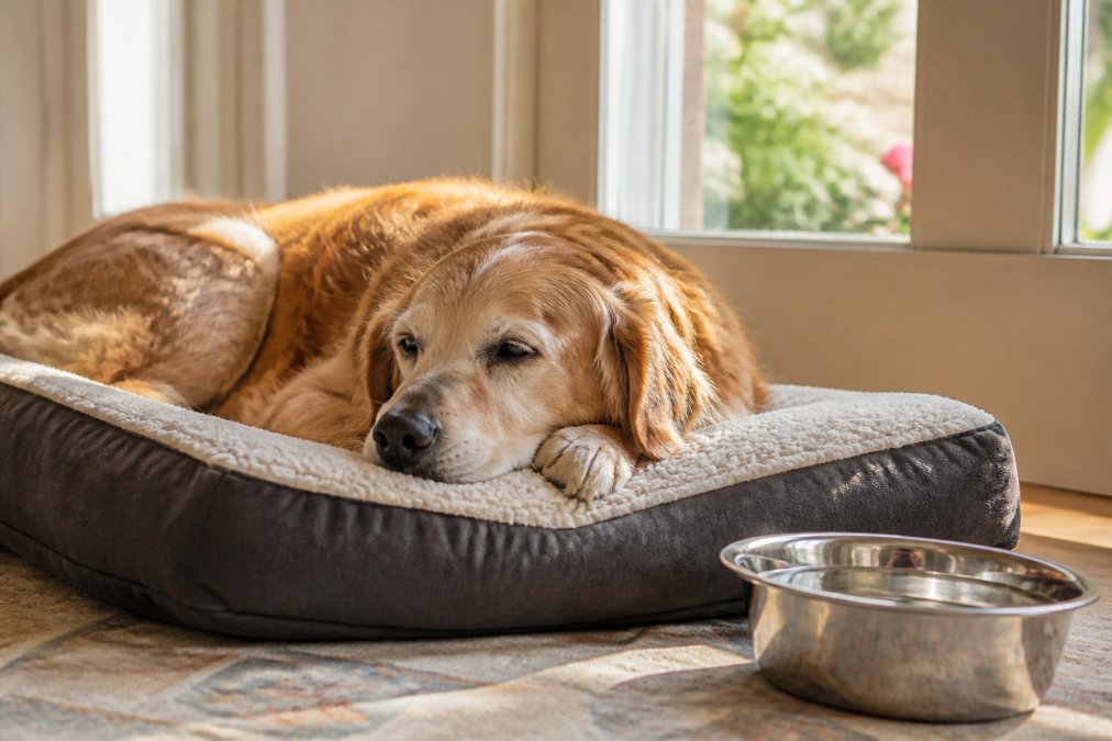 Senior dog resting comfortably on a soft bed at home, with water bowl nearby, in a calm recovery environment with natural lighting