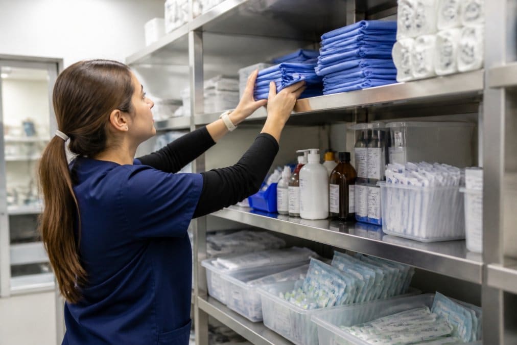 Veterinary staff member organizing medical supplies, medications, and surgical instruments on stainless steel shelves in a clinical storage area with overhead lighting