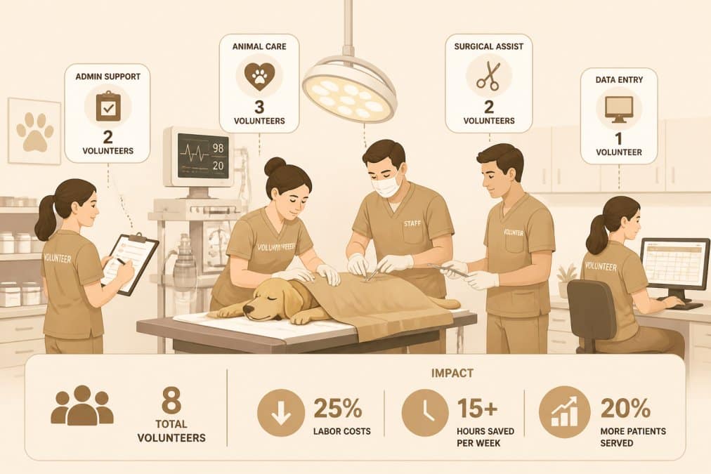 Volunteer team members assisting veterinary staff with animal care and administrative tasks in a modern surgical facility, working collaboratively at a treatment table
