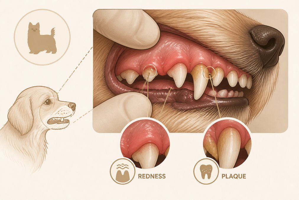 Close-up of a small dog's mouth showing mild redness and inflammation around the gumline, with visible plaque accumulation on the tooth surface under veterinary examination lighting
