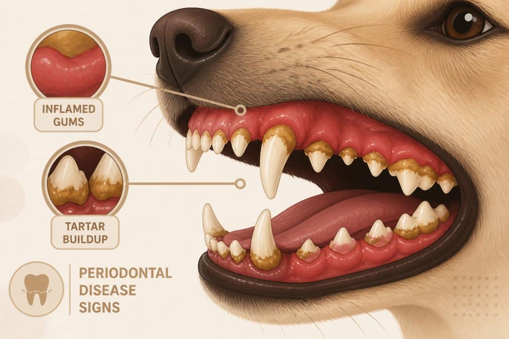 Close-up of a dog's mouth showing red, inflamed gums with visible tartar buildup along the gumline and tooth surfaces