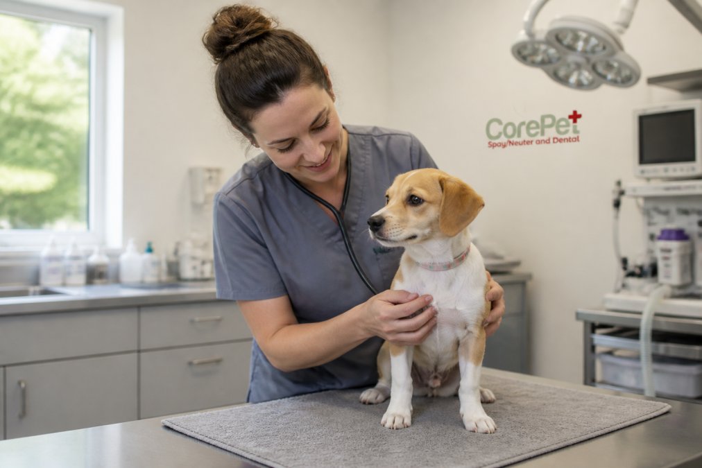 Veterinarian examining a young female dog on an examination table in a bright, modern surgical facility with natural lighting