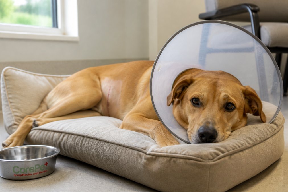 Dog resting comfortably on a cushioned bed indoors during recovery, wearing a protective collar to prevent licking at the surgical site