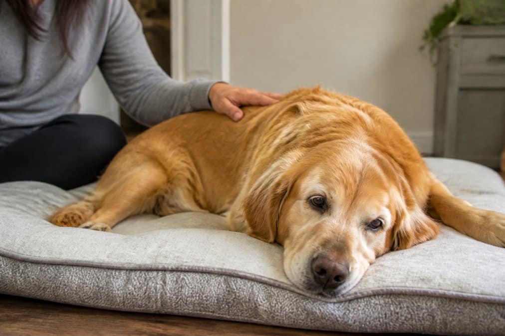 Close-up of a visibly ill unspayed female dog resting on a bed with lethargy evident in her posture, owner's hand visible nearby in a modern home setting with soft natural lighting