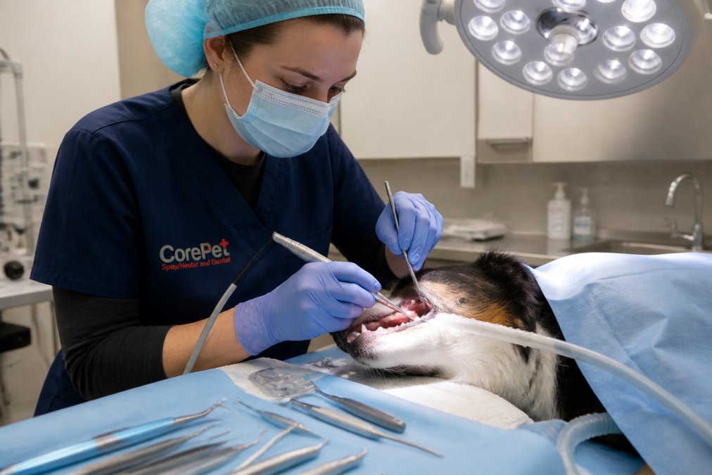Professional veterinary technician performing dental cleaning on a dog under anesthesia, using ultrasonic scaler with dental instruments visible, in a modern surgical setting with bright overhead lighting