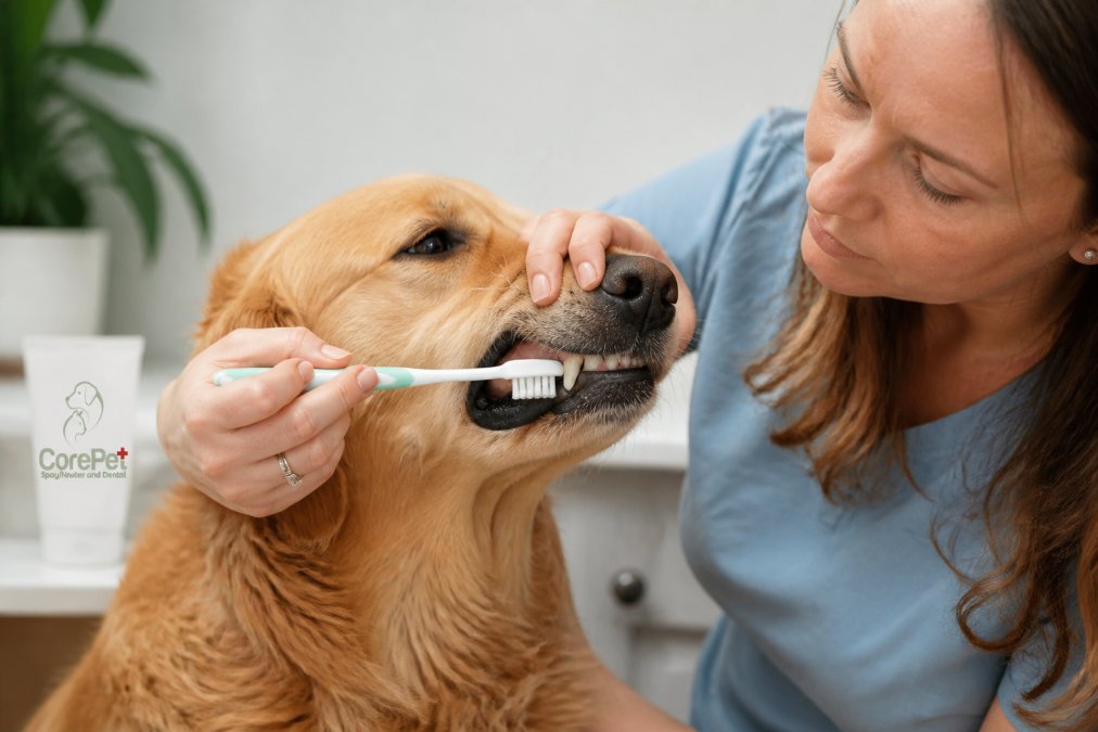 Pet owner gently brushing a dog's teeth with a soft-bristled toothbrush and canine toothpaste, showing proper angle and technique with natural home lighting