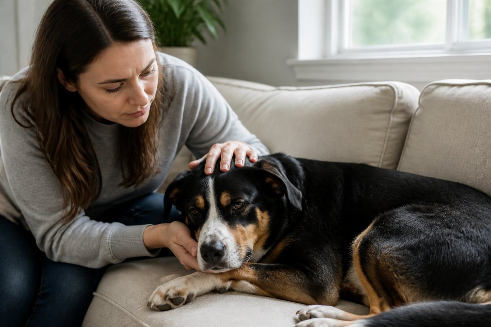 A concerned pet owner examining their dog for signs of distress in a home environment, showing attentive observation
