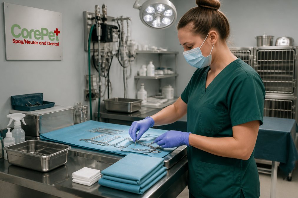 A veterinary technician preparing a surgical suite with sterile instruments and equipment under bright clinical lighting, showing professional surgical environment