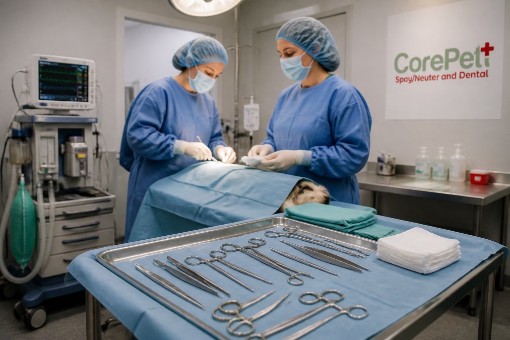 Veterinary surgical team in a sterile operating room with advanced surgical equipment, monitors displaying vital signs, and surgical instruments arranged on a sterile tray, showing professional surgical preparation with proper lighting and protocols
