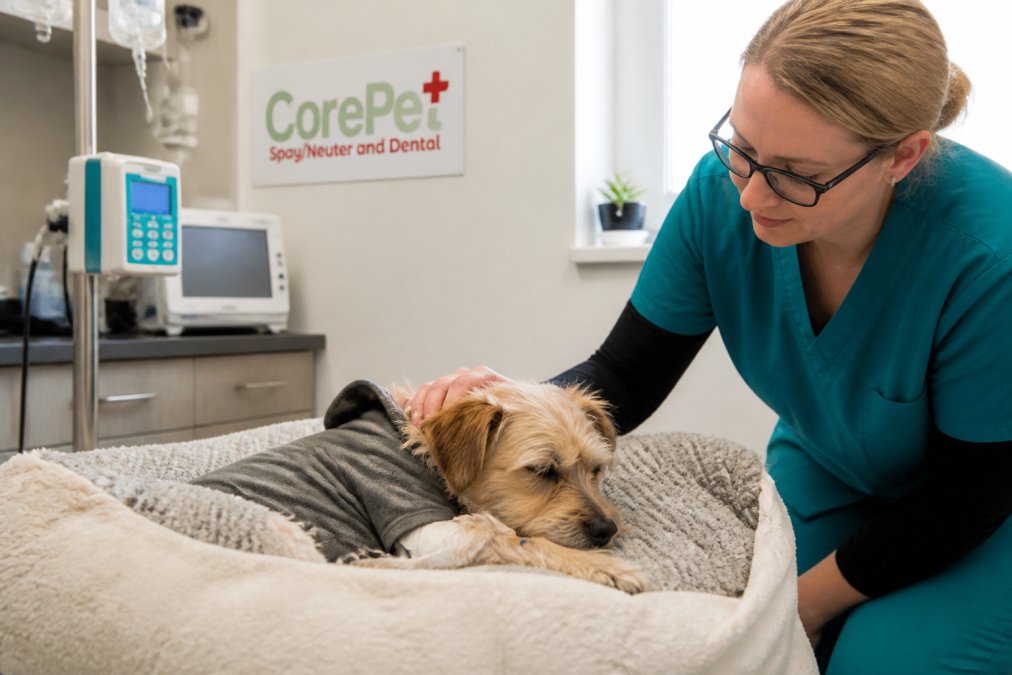 Veterinary technician in surgical scrubs monitoring a recovering pet in a comfortable post-operative care space with monitoring equipment visible, soft lighting, and comfortable bedding, showing attentive patient monitoring
