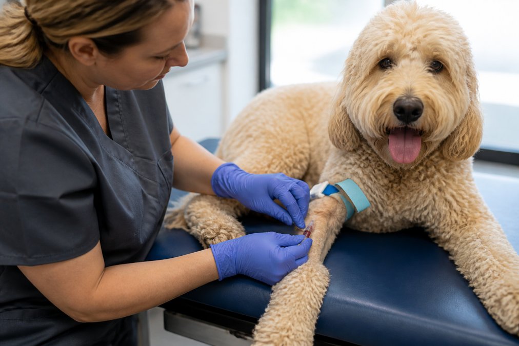 Veterinarian performing pre-surgical blood draw from dog's leg with calm, gentle technique in modern clinic setting with soft natural lighting