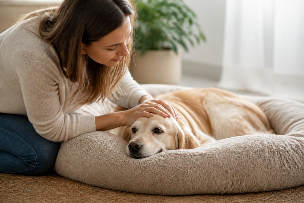 Pet owner gently petting calm dog resting on soft bed at home in peaceful, quiet room with soft natural lighting