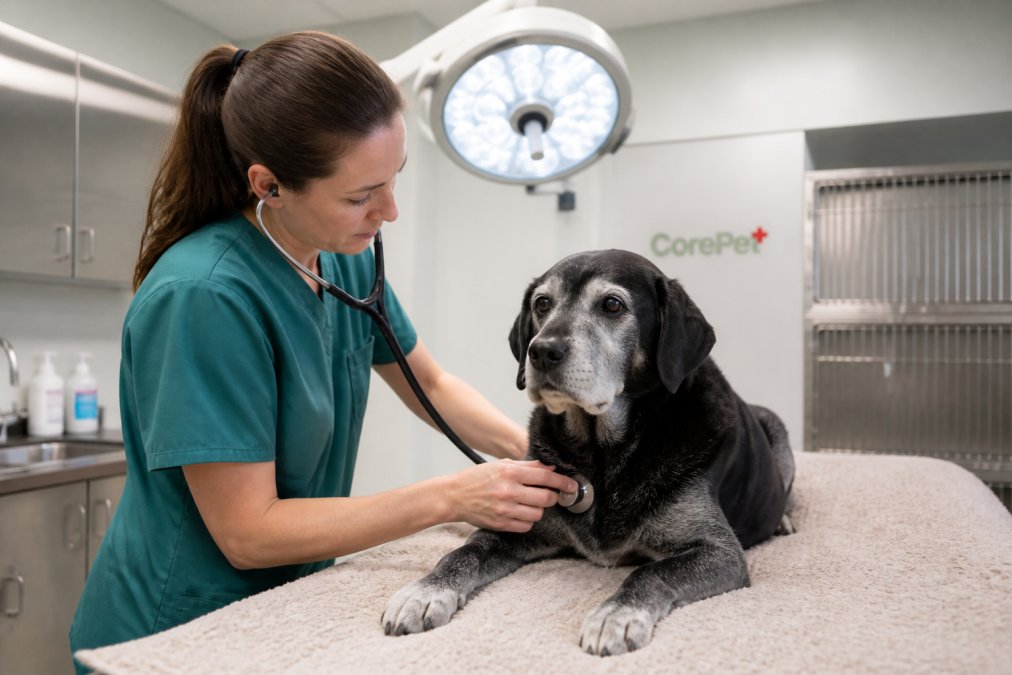 Veterinarian performing pre-operative examination on a senior dog, checking vital signs with stethoscope in a modern surgical facility with soft overhead lighting
