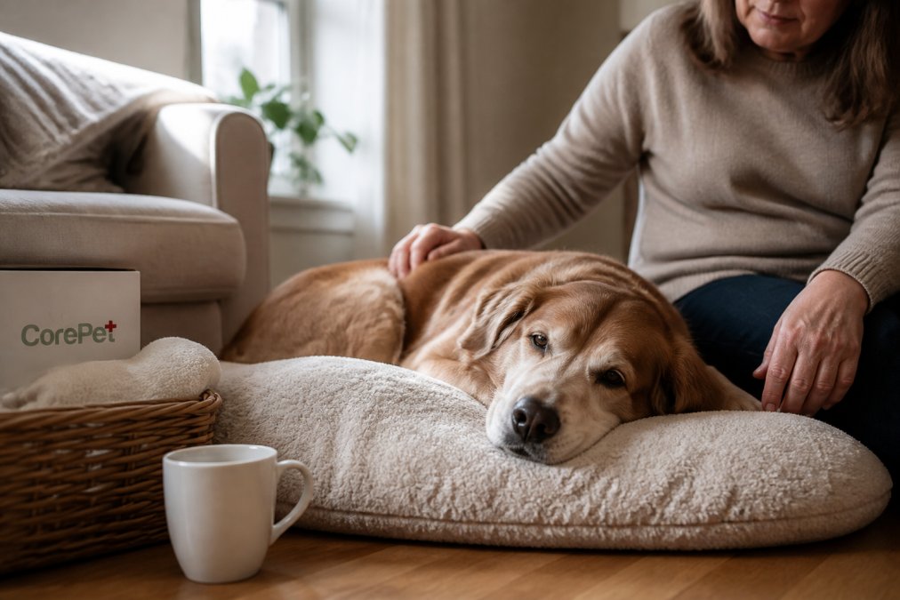 Senior dog resting comfortably on a soft bed at home with owner sitting nearby, showing calm recovery environment with natural daylight