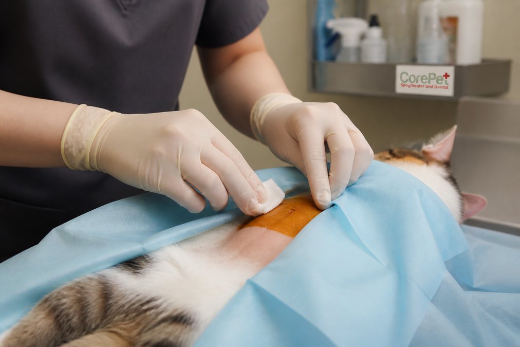 Close-up of a veterinary technician's hands preparing a surgical site with antiseptic solution on a cat's abdomen in a sterile operating room