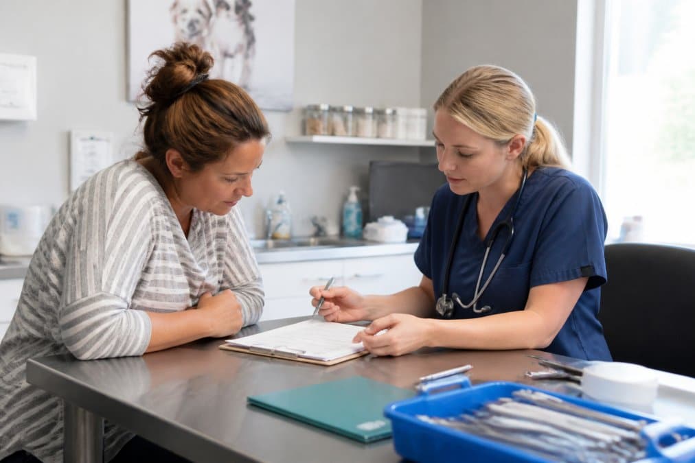 Rescue coordinator meeting with veterinarian in a bright clinic office, both reviewing documents together at a desk with care and professionalism