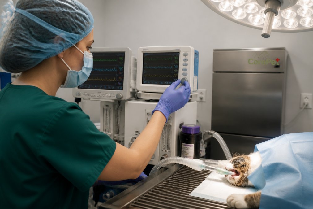Veterinary technician in surgical scrubs monitoring vital signs on multiple digital displays while a pet lies intubated on a sterile surgical table under bright operating lights