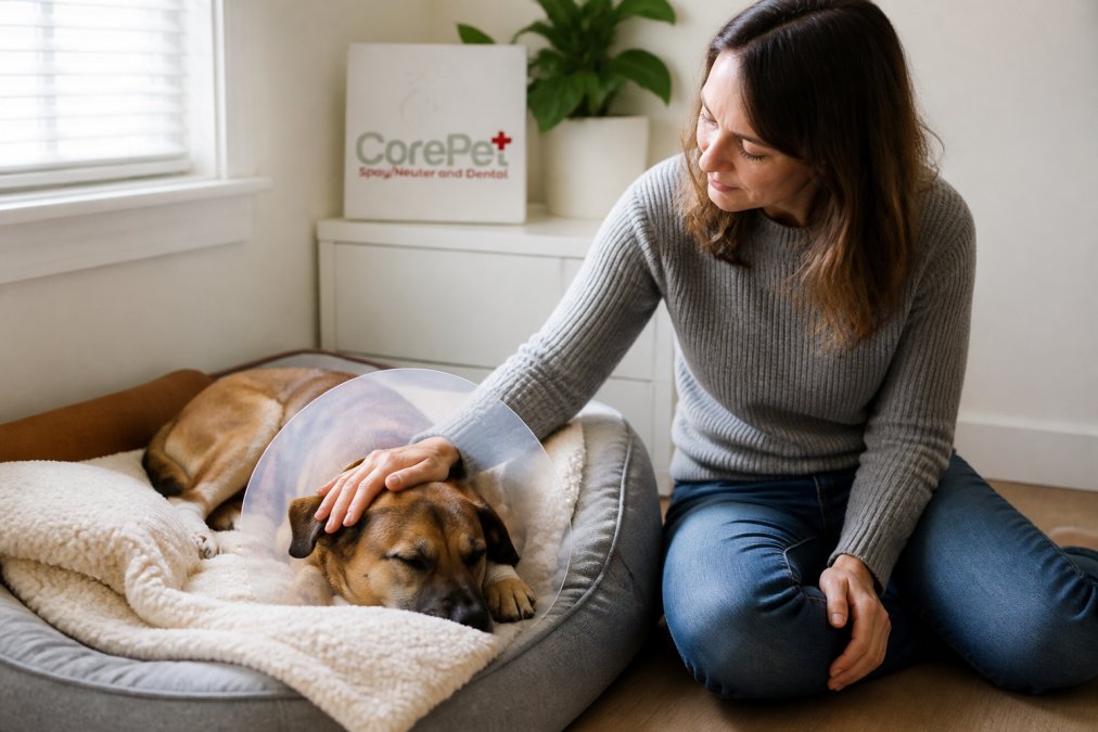 Pet owner sitting beside their resting dog on a soft recovery bed in a quiet home environment, gently monitoring the animal while it awakens from anesthesia