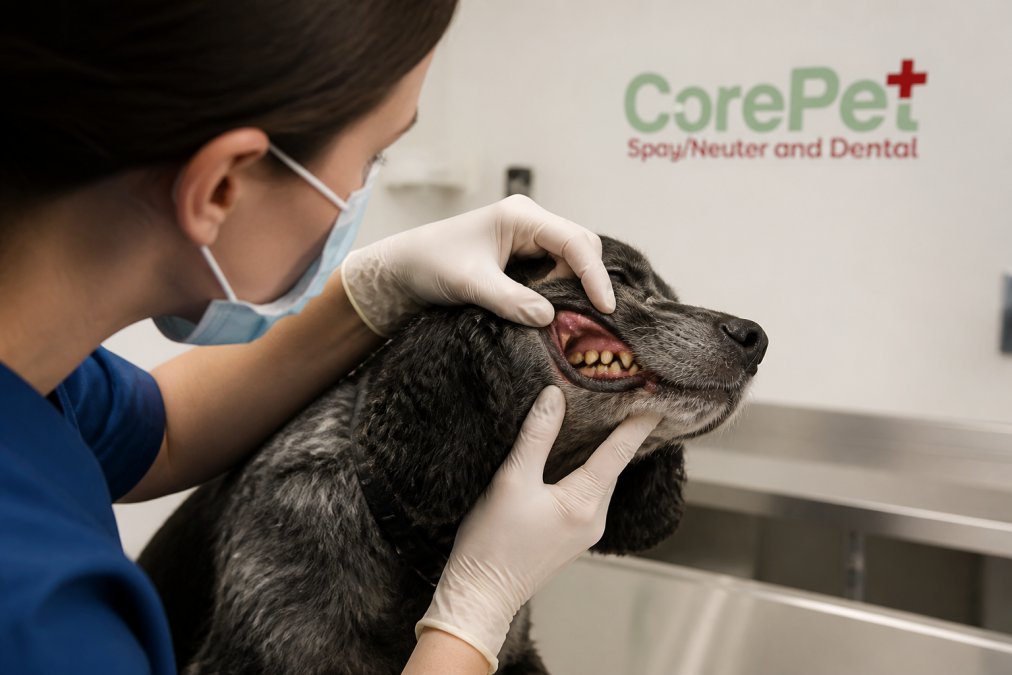 Close-up of a veterinary technician examining a dog's mouth and teeth, gently retracting the lip to inspect the gum line and tooth surfaces under bright clinical lighting