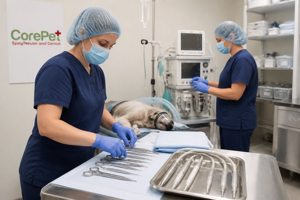 A veterinary team in surgical attire preparing advanced monitoring equipment and sterile dental instruments on a stainless steel surgical table in a modern, brightly lit surgical center