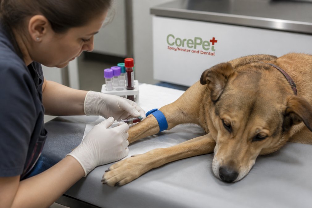 Veterinarian drawing blood sample from a dog's leg with a syringe while the dog rests on an examination table, with a labeled blood vial visible in the background under clinical lighting
