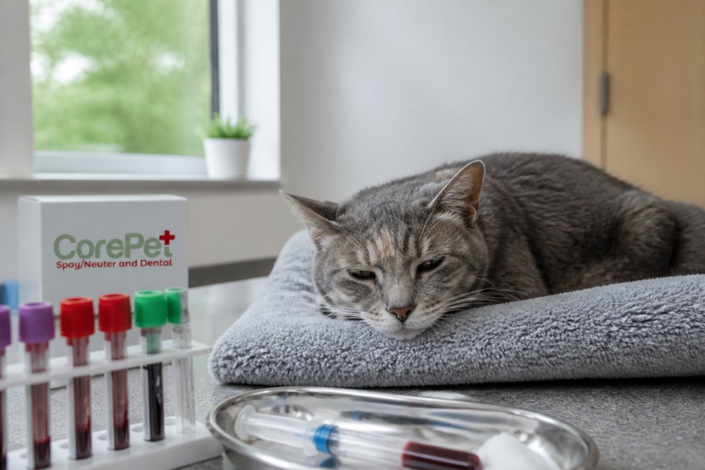 Senior gray cat resting peacefully on a soft blanket in a veterinary clinic, with soft natural light from a window illuminating its face, illustrating an older pet requiring careful pre-anesthetic assessment