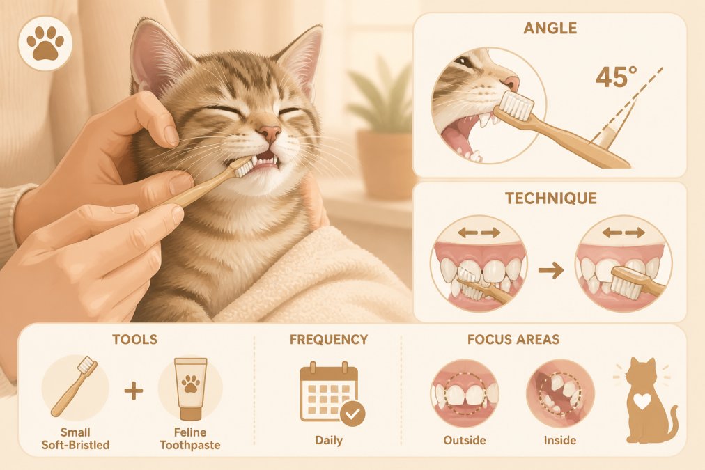 Owner gently brushing a kitten's teeth with a small soft-bristled toothbrush and feline toothpaste in warm natural light, showing proper angle and technique