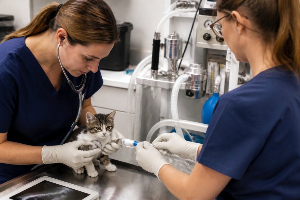 Veterinary team performing pre-surgical assessment on a kitten, with vital sign monitoring equipment and dental radiograph imaging visible in modern clinical setting
