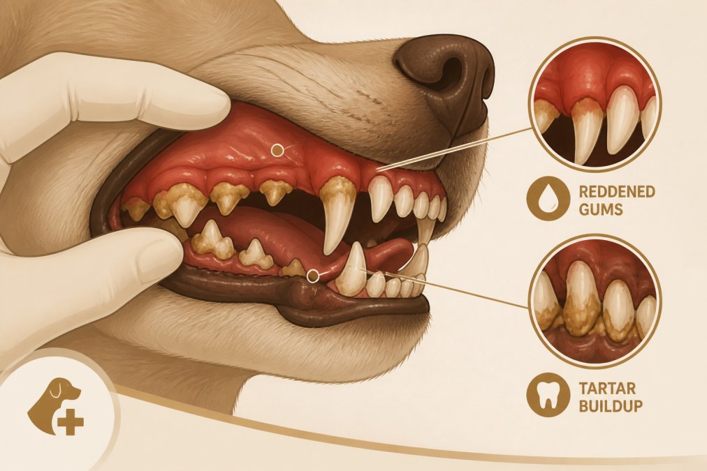 Close-up of a dog's mouth showing reddened gums and visible tartar buildup on teeth, with a veterinarian's gloved hand gently examining the oral cavity