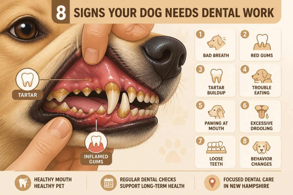 Close-up of a dog's mouth showing visible tartar buildup and inflamed gums, with owner gently lifting the lip to examine teeth in natural daylight