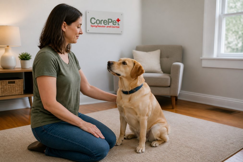 A calm dog sitting attentively next to its owner indoors, showing focused relaxed body language and peaceful demeanor in a home setting