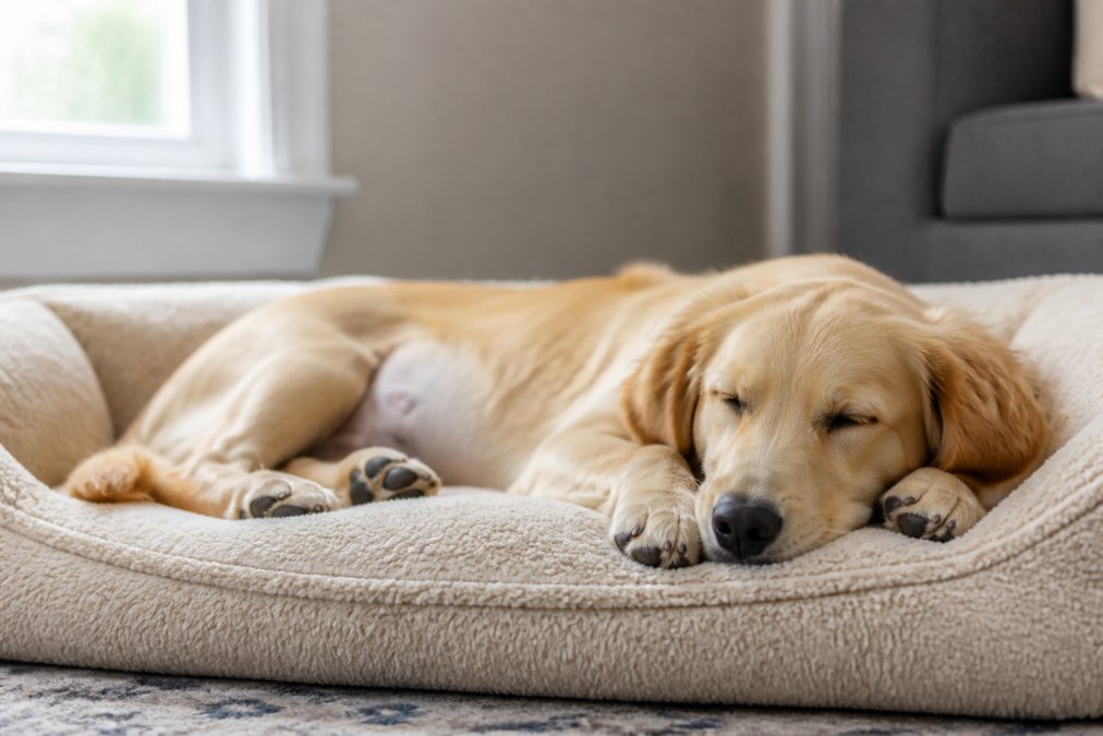 A pet resting comfortably on a soft bed or blanket in a quiet home environment during recovery, showing peaceful rest in natural indoor lighting