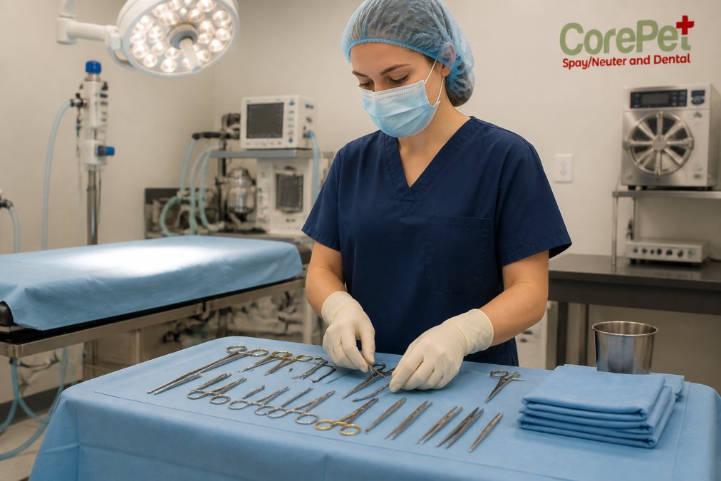Professional veterinary surgeon preparing surgical instruments in a sterile, modern surgical suite with bright overhead lighting and stainless steel equipment