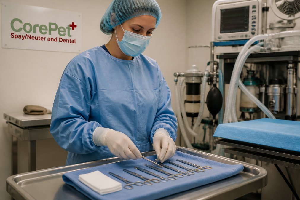 A calm surgical environment with a veterinary technician in sterile surgical attire preparing sterilized instruments on a surgical tray, with modern anesthesia monitoring equipment visible in the background