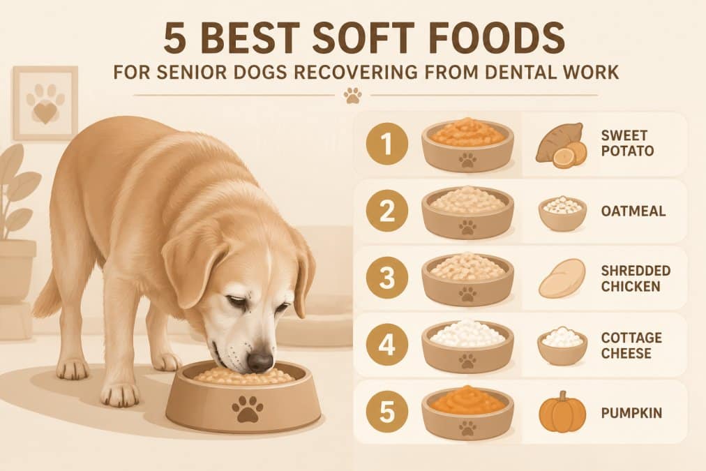 Senior dog eating soft food from a bowl, showing gentle eating posture with a calm, comfortable expression in home lighting