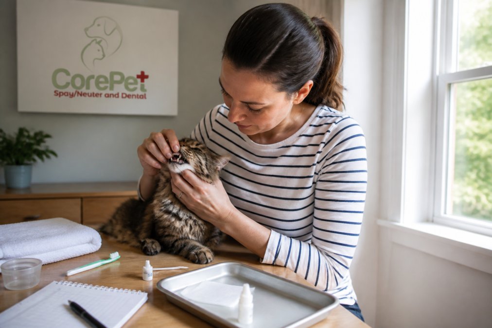 A pet owner gently lifting a calm cat's lip to examine its teeth and gums at home, with soft natural light from a nearby window