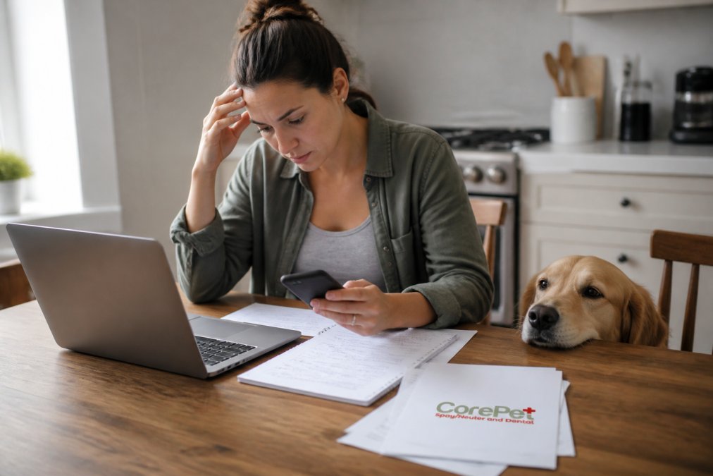 A pet owner sitting at a kitchen table with a laptop, reviewing paperwork and a phone, looking concerned but hopeful, with a dog resting nearby