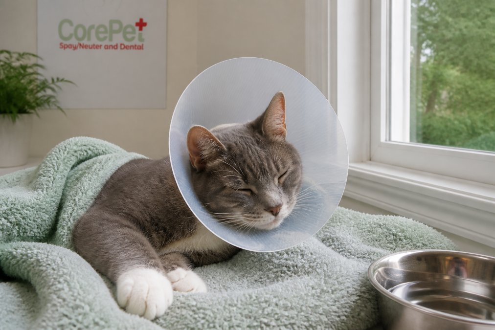 Calm male cat resting on a blanket in a recovery cone after having cat testicles removed.