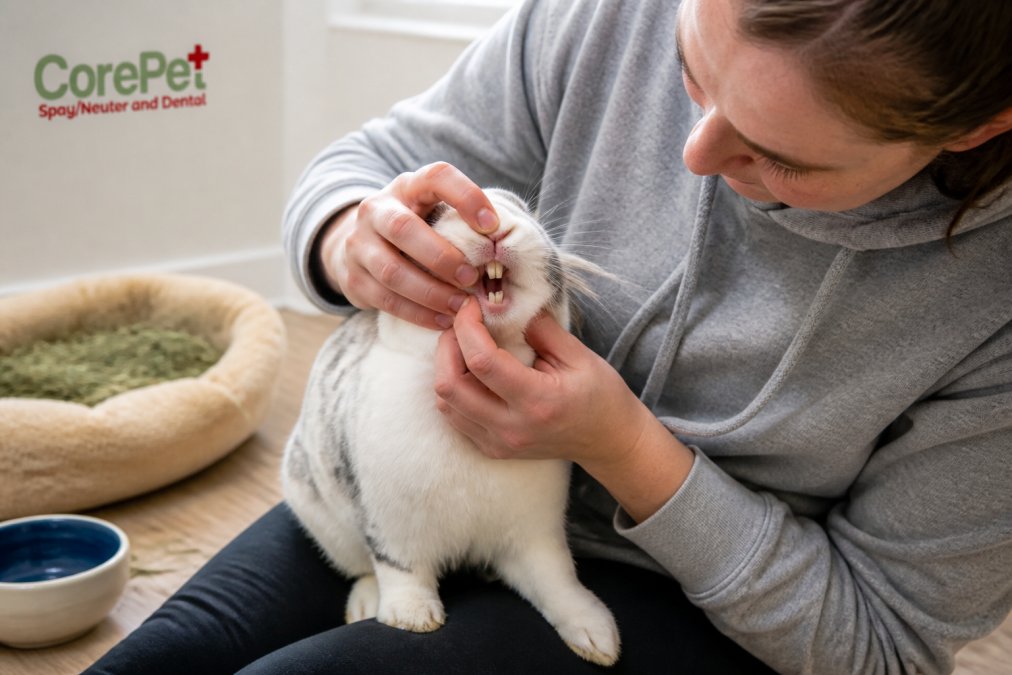 Rabbit owner gently checking a pet's mouth for dental disease in rabbits symptoms and care at home