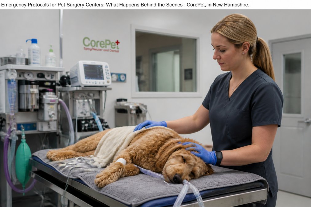 A veterinary technician in scrubs monitoring a dog recovering on a heated surgical table in a clean, modern operating room, with anesthesia equipment and monitoring screens visible in the background