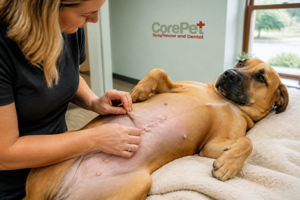A pet owner gently lifting a dog's fur to inspect a healing surgical incision on the belly in a bright home setting, with clean hands and a calm dog lying on a soft blanket