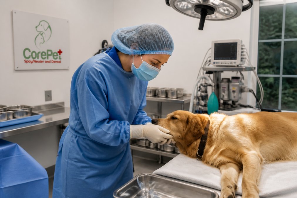 Veterinary surgeon in surgical attire and mask examining a dog on an examination table in a modern surgical facility with stainless steel instruments and monitoring equipment visible in background