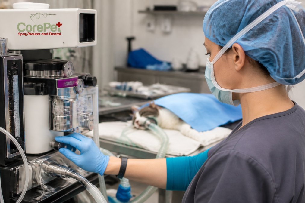 Close-up of veterinary technician's hands monitoring digital anesthesia equipment displaying vital signs, oxygen saturation, and heart rate during pet surgery in operating room with soft surgical lighting