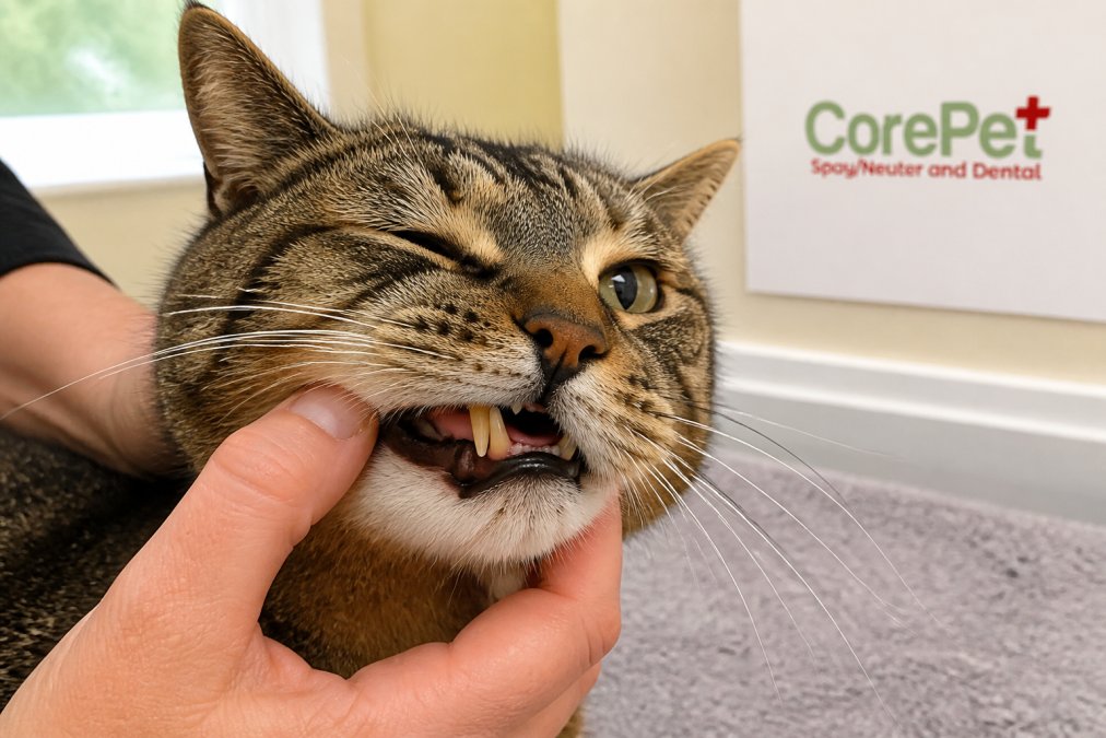 Close-up of a cat's face showing signs of oral discomfort with focus on the mouth and jaw area in natural lighting