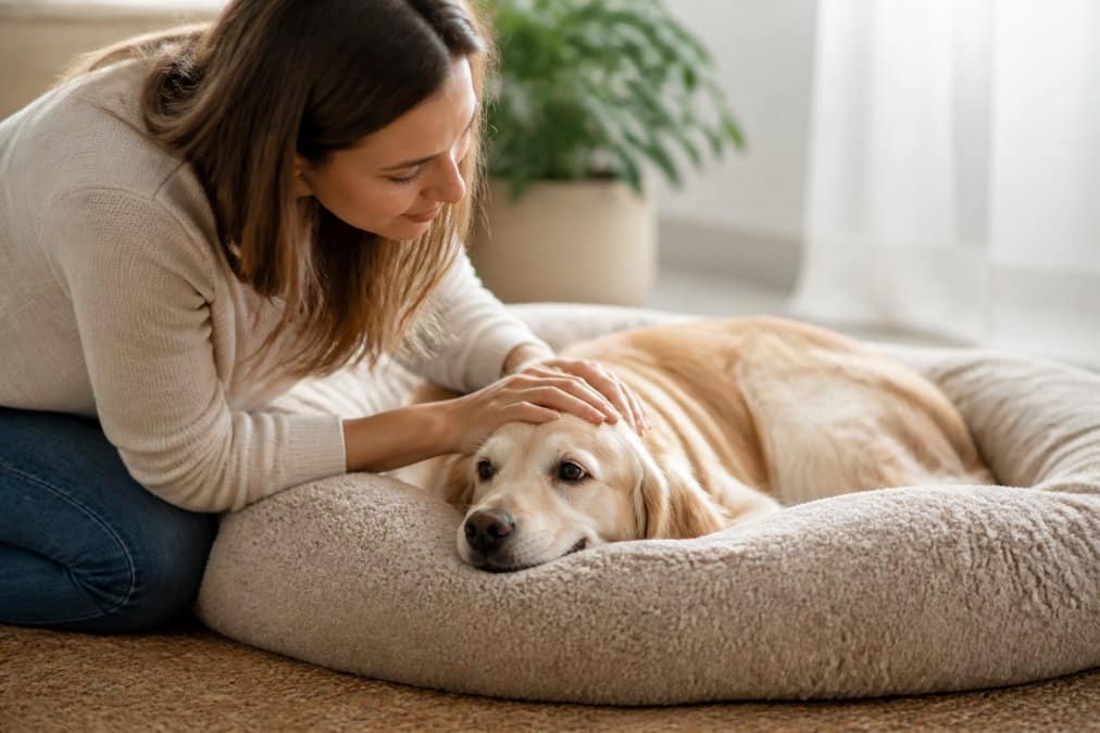 Pet owner gently petting calm dog resting on soft bed at home in peaceful, quiet room with soft natural lighting