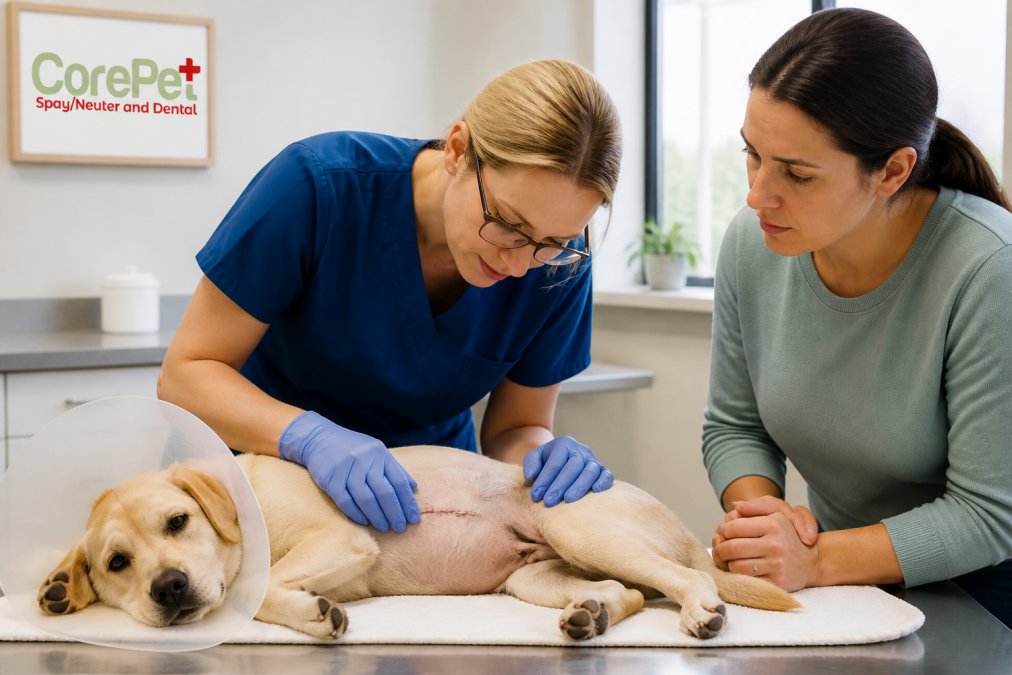 A veterinary technician gently examining a dog's surgical incision site while the owner looks on with concern in a bright, clean examination room
