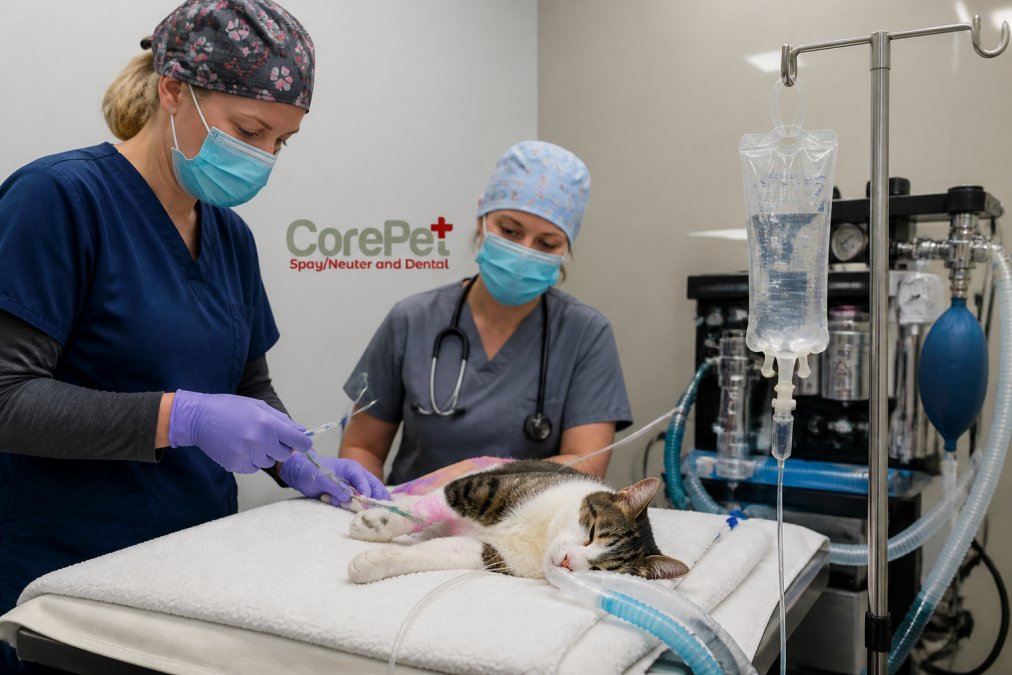 Professional veterinary surgical team preparing a pet for surgery with IV catheter placement and anesthesia monitoring equipment visible in a modern surgical suite