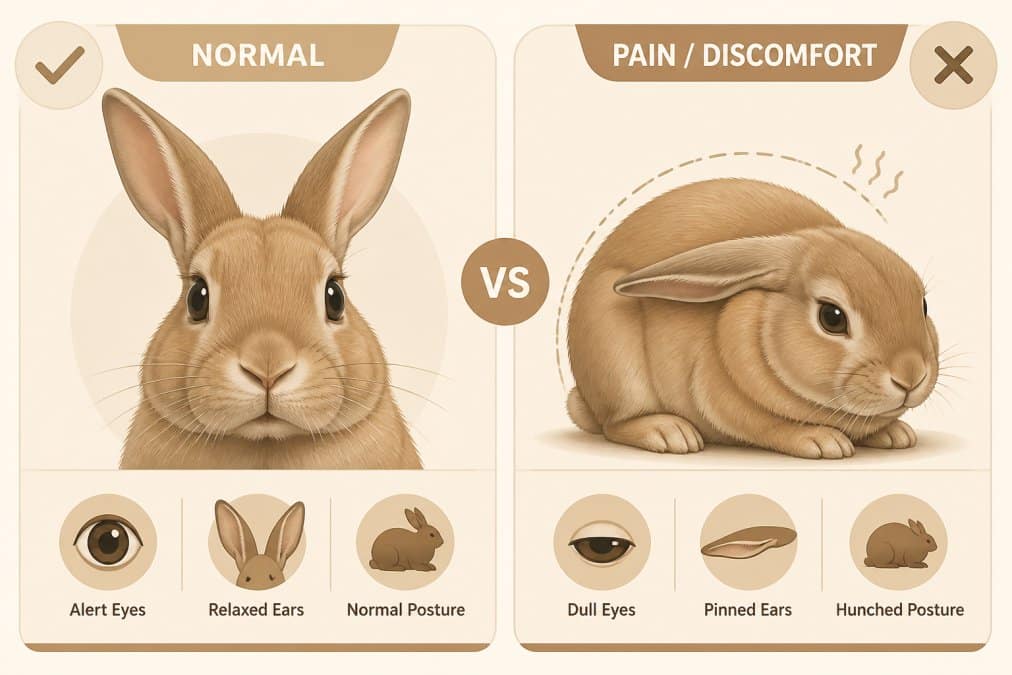 Close-up of a rabbit's face showing alert eyes and relaxed ears, demonstrating normal post-op behavior versus a hunched posture with pinned-back ears indicating discomfort