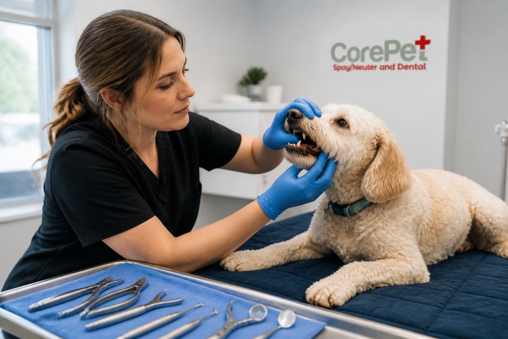 Professional veterinary technician performing an oral examination on a calm dog under soft clinical lighting, with dental instruments visible on a nearby tray